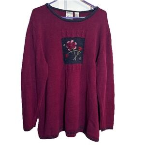 Vintage C.J. Banks 1X Sweater Red Hand Embroidered Floral Ramie Cotton Plus Size